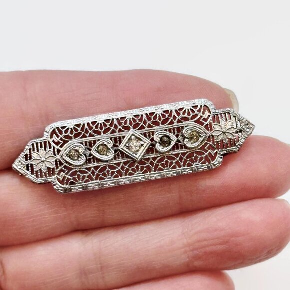 Filigree Brooch, Art Deco, Rhodium Plated, Edwardian, 20s, 30s, Silver, Antique - Picture 2 of 4